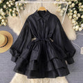European and american style high-end printed lantern sleeve dress - women's summer tie-waist polo collar design elegant tiered dress