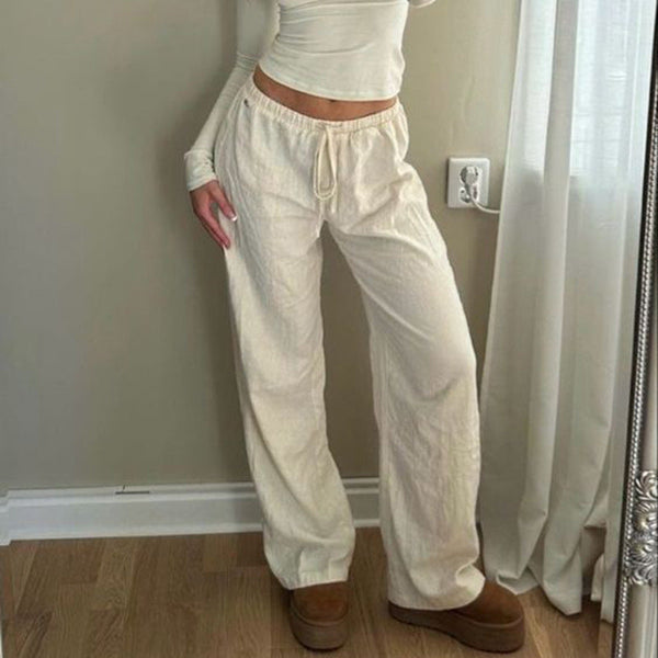 European and American  casual women's clothing solid color elastic waist strap-up linen cotton pants Spice Girls street comfortable loose trousers summer