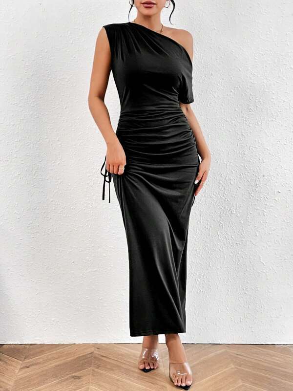 2024 european and american cross-border amazon sexy women's new one-shoulder bodycon ruched maxi dress