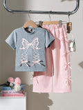 spring/summer new arrival: cross-border girls' collegiate style printed short-sleeve two-piece set with 3d bowknot pants
