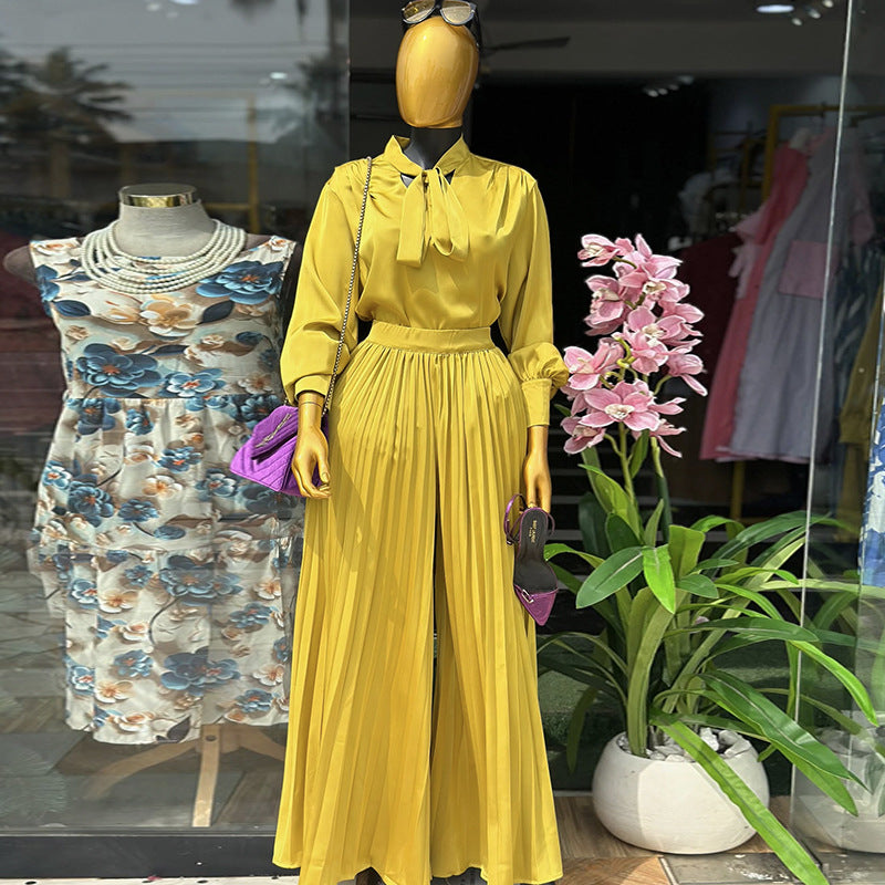 European and american cross-border women's fashion:  spring new collection - stylish tie-waist long sleeve blouse and high-waisted pleated wide-leg pants set