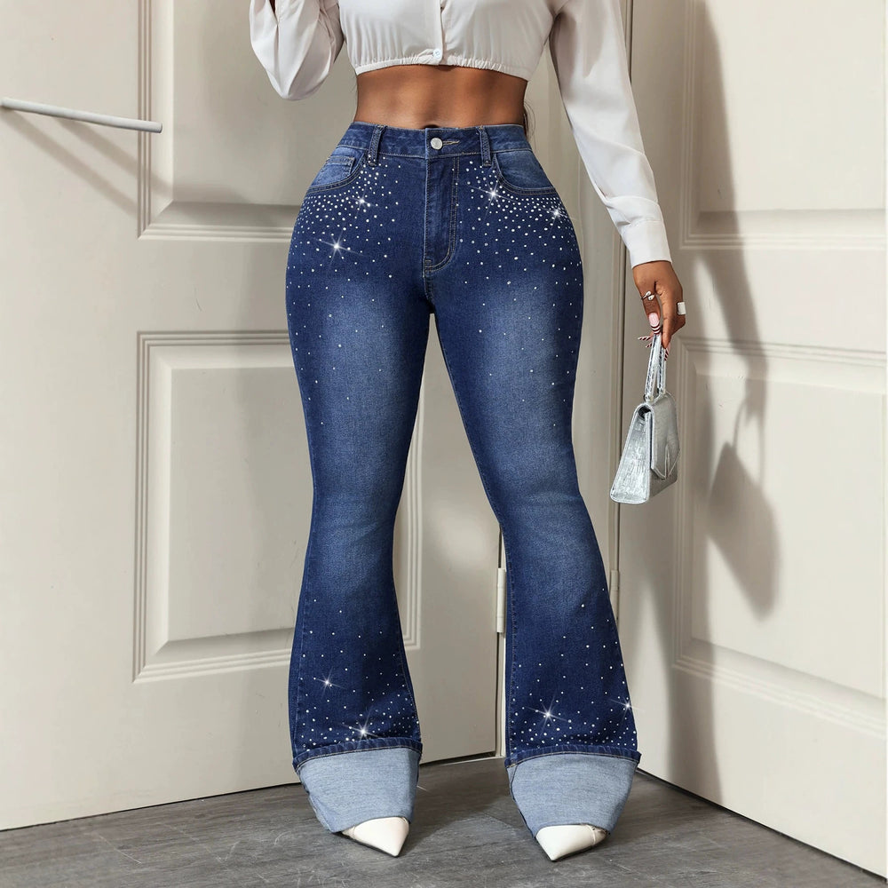 Fashionjeans women's high waist hot diamond slightly flared dark blue washed slimming look silk flanged flared pants