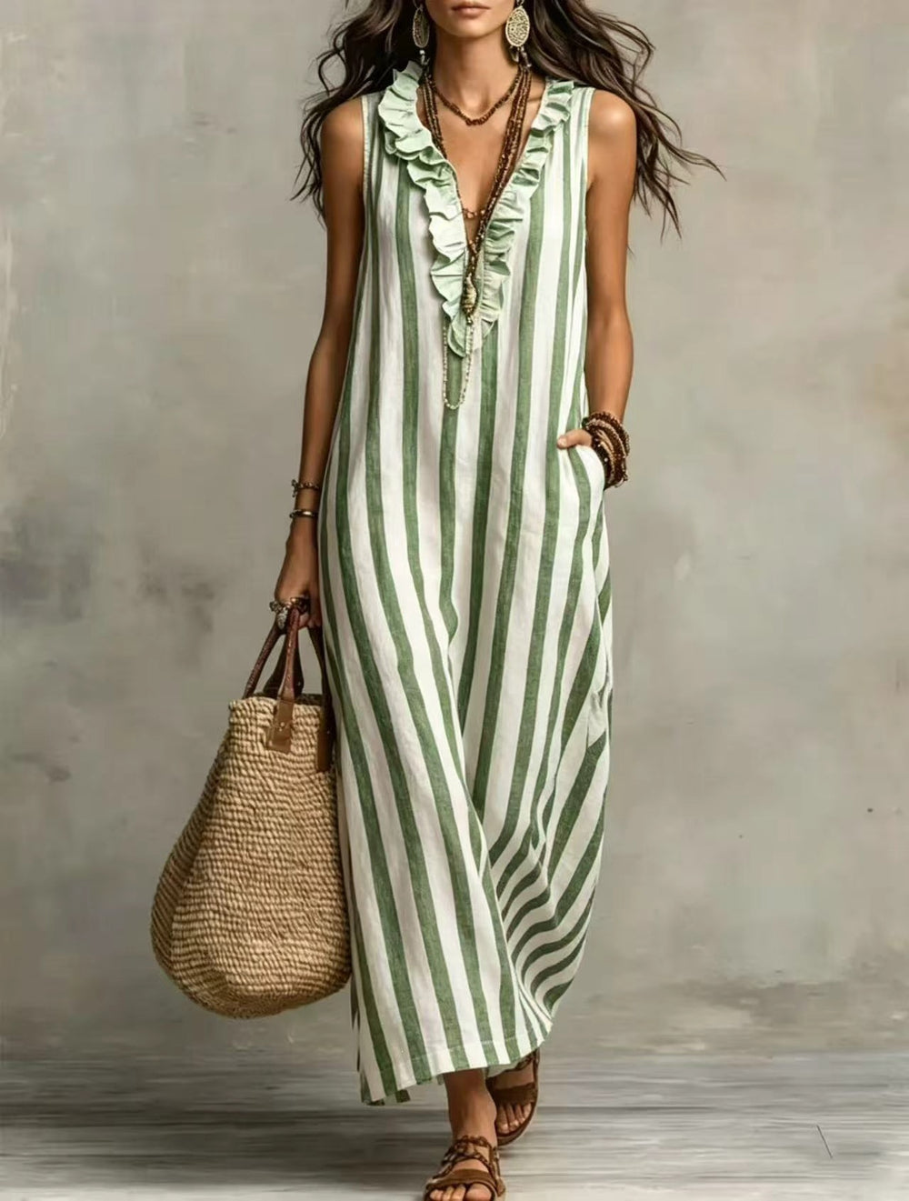 european and american independent station   spring summer new bohemia flying sleeves printing stripes long