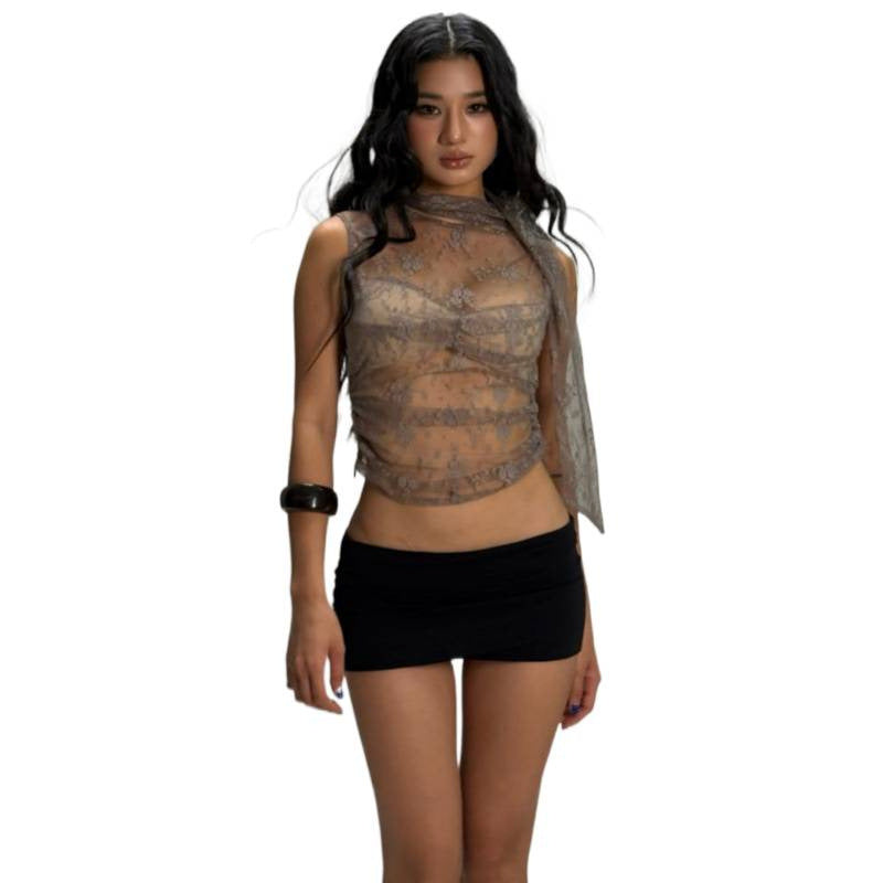 european and american women's clothing  summer new round neck pullover lace see-through halter neck ribbon short sleeveless vest