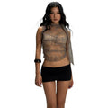 european and american women's clothing  summer new round neck pullover lace see-through halter neck ribbon short sleeveless vest