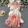 European and american style women's two-piece set: elegant lantern sleeve button-up slim-fit top with high-waisted printed mesh skirt