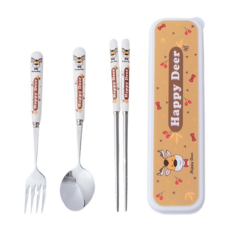 Creative little rabbit stainless steel tableware household ceramic children's dinnerware three-piece set cartoon portable fork, spoon, and chopsticks set