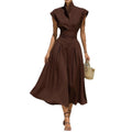 new summer women's clothing: cross-border european and american style dress - fashionable and elegant stand collar solid color flutter sleeve dress