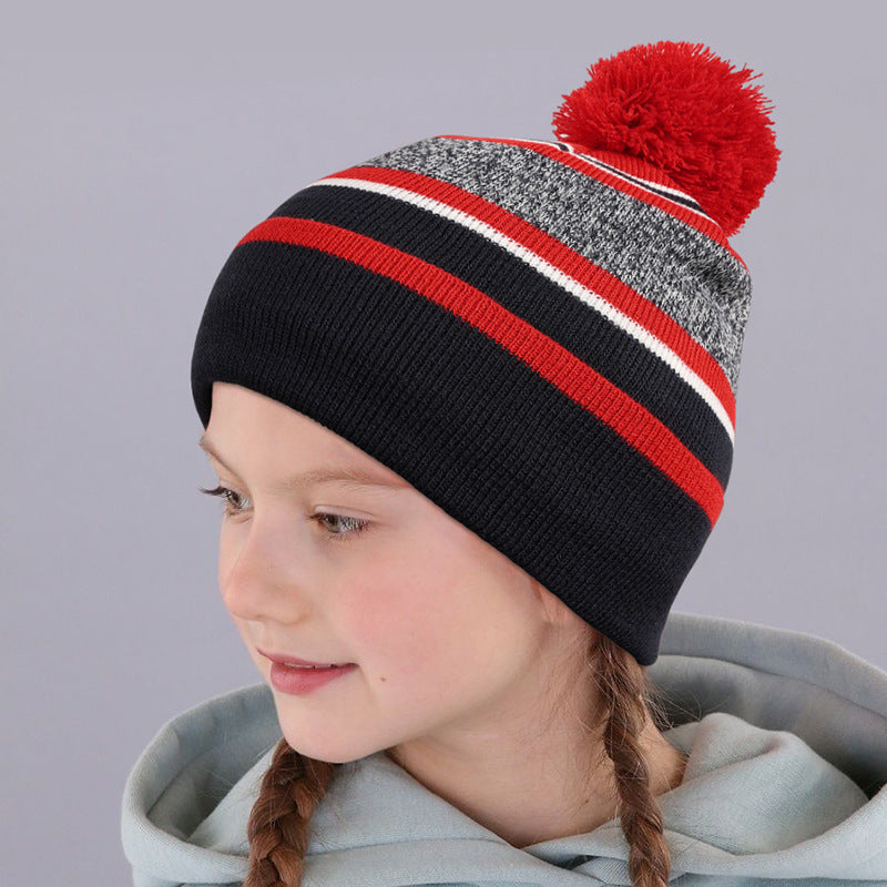 Aozhe, children's autumn and winter wool hats, boys and girls striped hairball warm knitted hats, European and American Christmas gifts