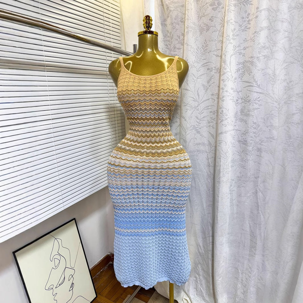 Sling knittingdress women's  summer korean chic retro gradient color wave pattern silm hip covering long skirt