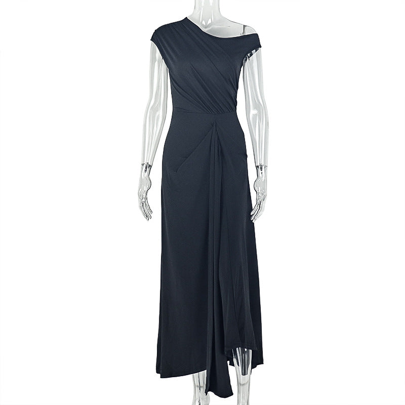 European and american style ins cross-border women's pure color design waist pleated a-line skirt oblique collar sleeveless exposed one-shoulder long dress