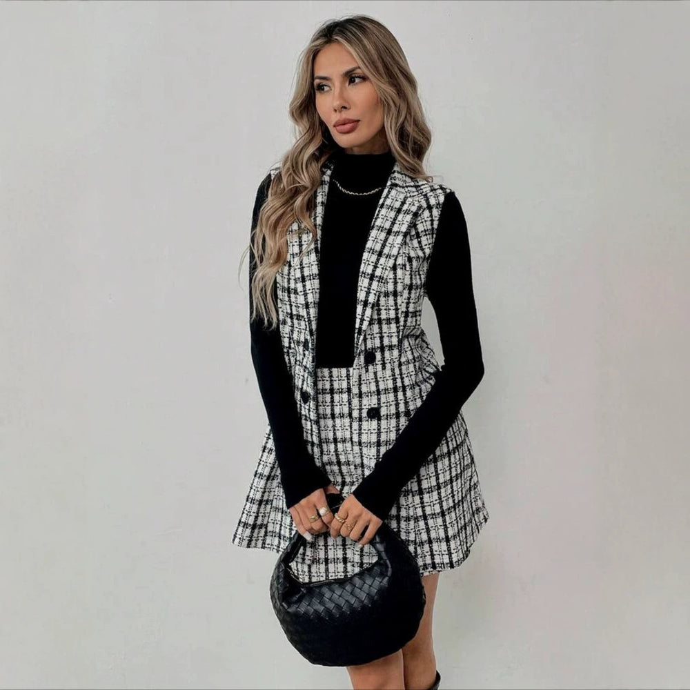 Aliexpress new arrival: women's elegant commute style tweed vest & midi skirt two-piece set (cross-border e-commerce)