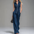 Amazon's new export fashion silm shows body shape fashiontrendy sense denim jumpsuit straight-legpants tight waist