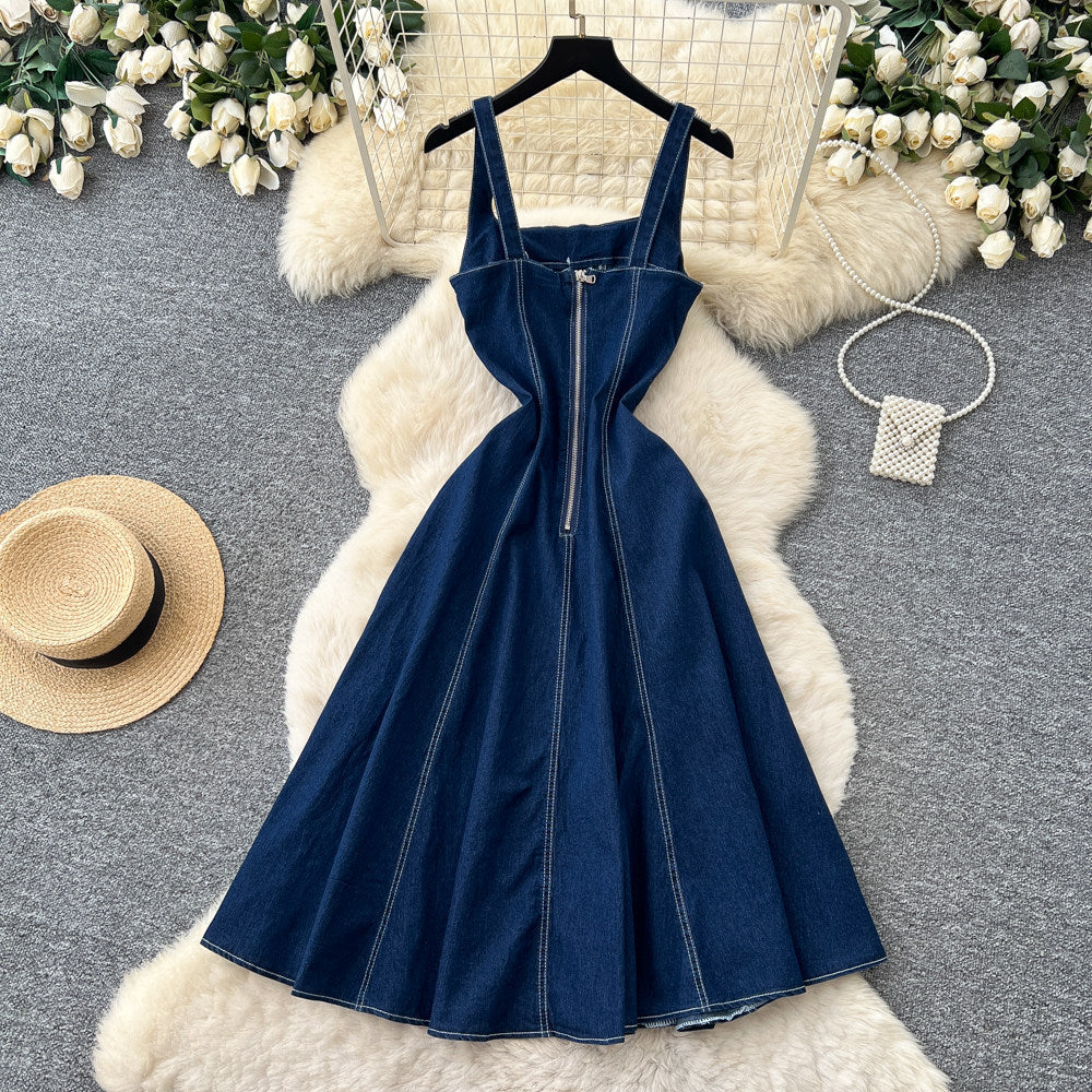 Frenchretro style denim square neck suspender dress female high waist casuala-line skirt slimming look large swing work clothing skirt
