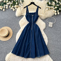 Frenchretro style denim square neck suspender dress female high waist casuala-line skirt slimming look large swing work clothing skirt