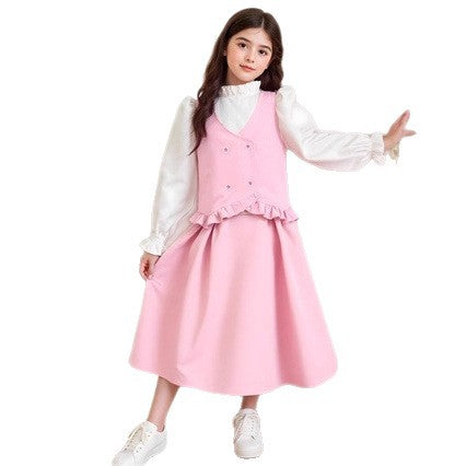 Girls' fashionable and elegant sweet ruffle design faux two-piece button-down shirt + matching skirt two-piece set