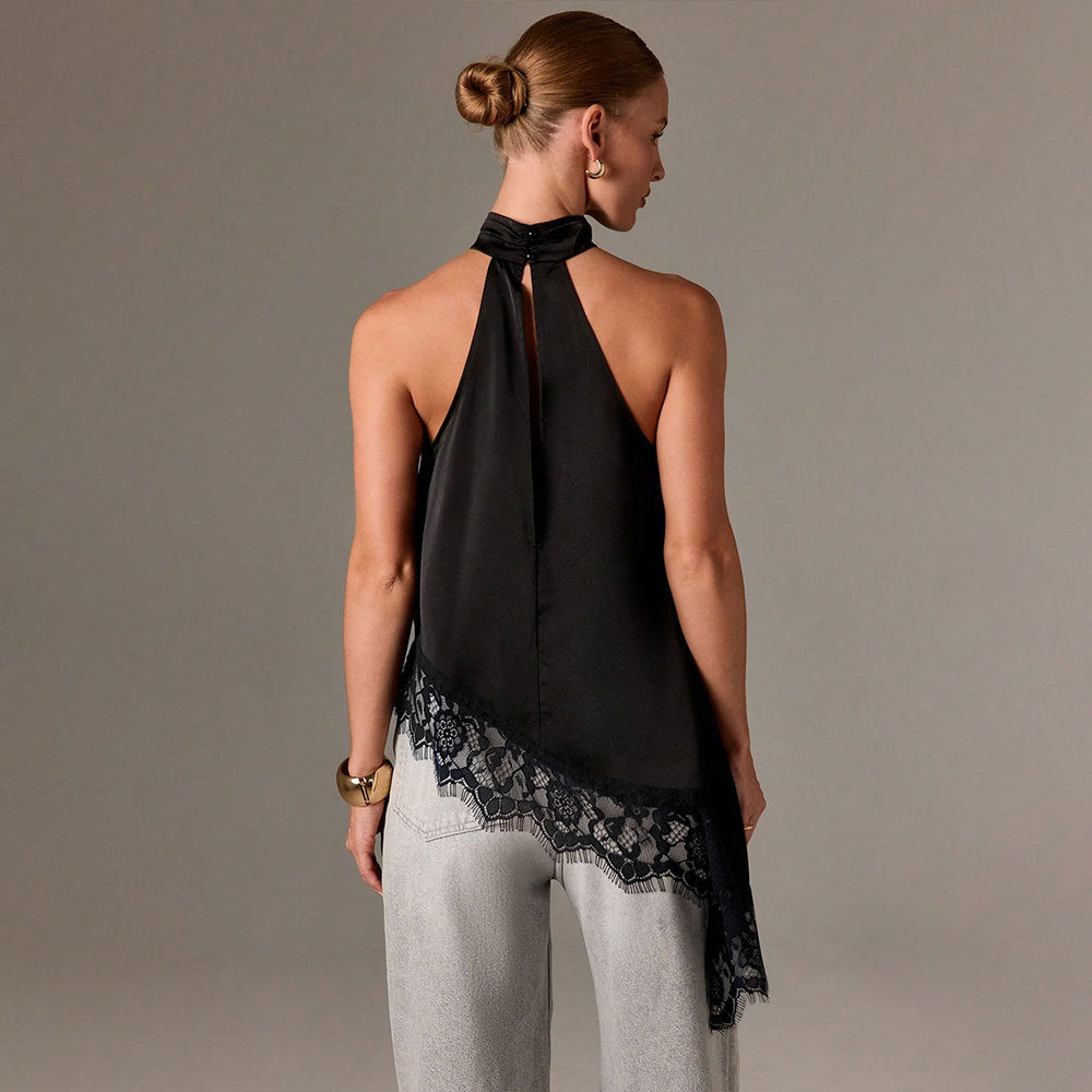 European and american summer new satin patchwork lace tank top halter sleeveless mandarin collar new off-the-shoulder irregular top