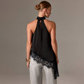 European and american summer new satin patchwork lace tank top halter sleeveless mandarin collar new off-the-shoulder irregular top