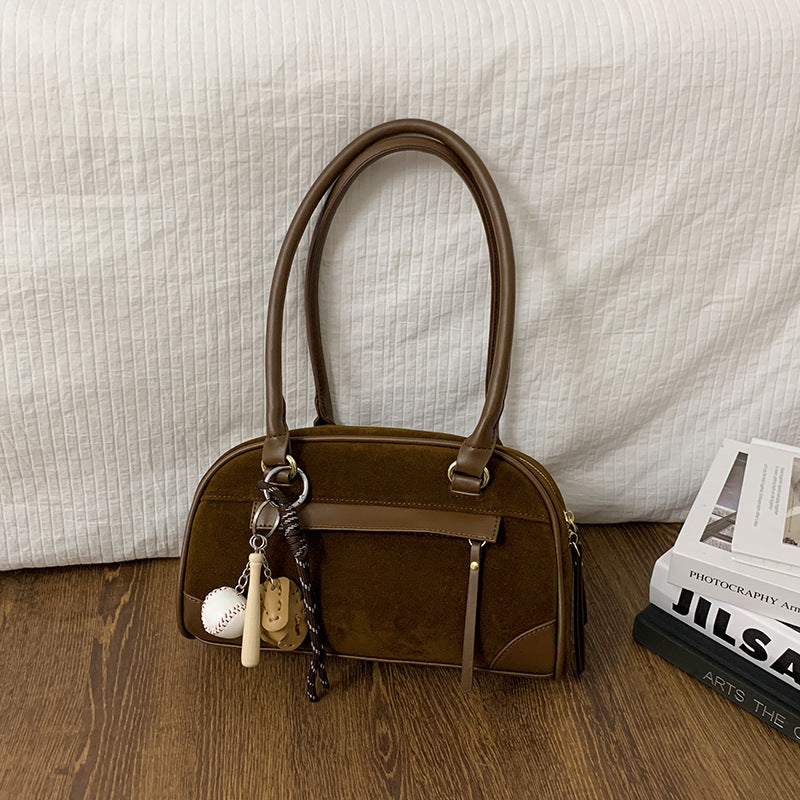 Autumn retro suede portable bowling bag women's 2025 new niche underarm bag large-capacity shoulder bag
