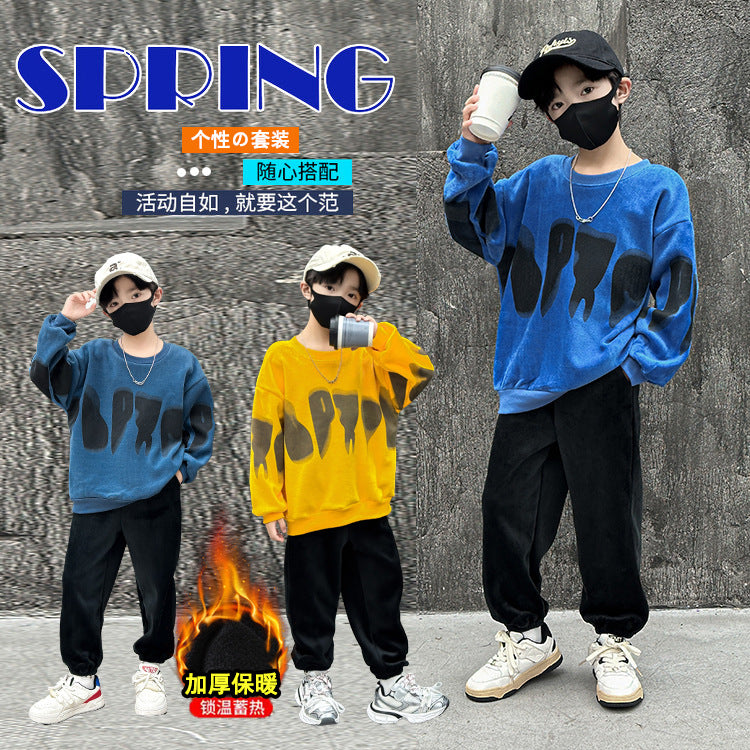 Boys' winter outfit set  new style kids' autumn and winter fashionable sweatshirt baby boy fleece-lined casual tracksuit