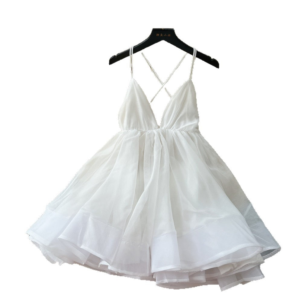 Dopamine dress: yellow cami dress for women, summer korean style v-neck backless tie-up a-line dress, slimming vacation style