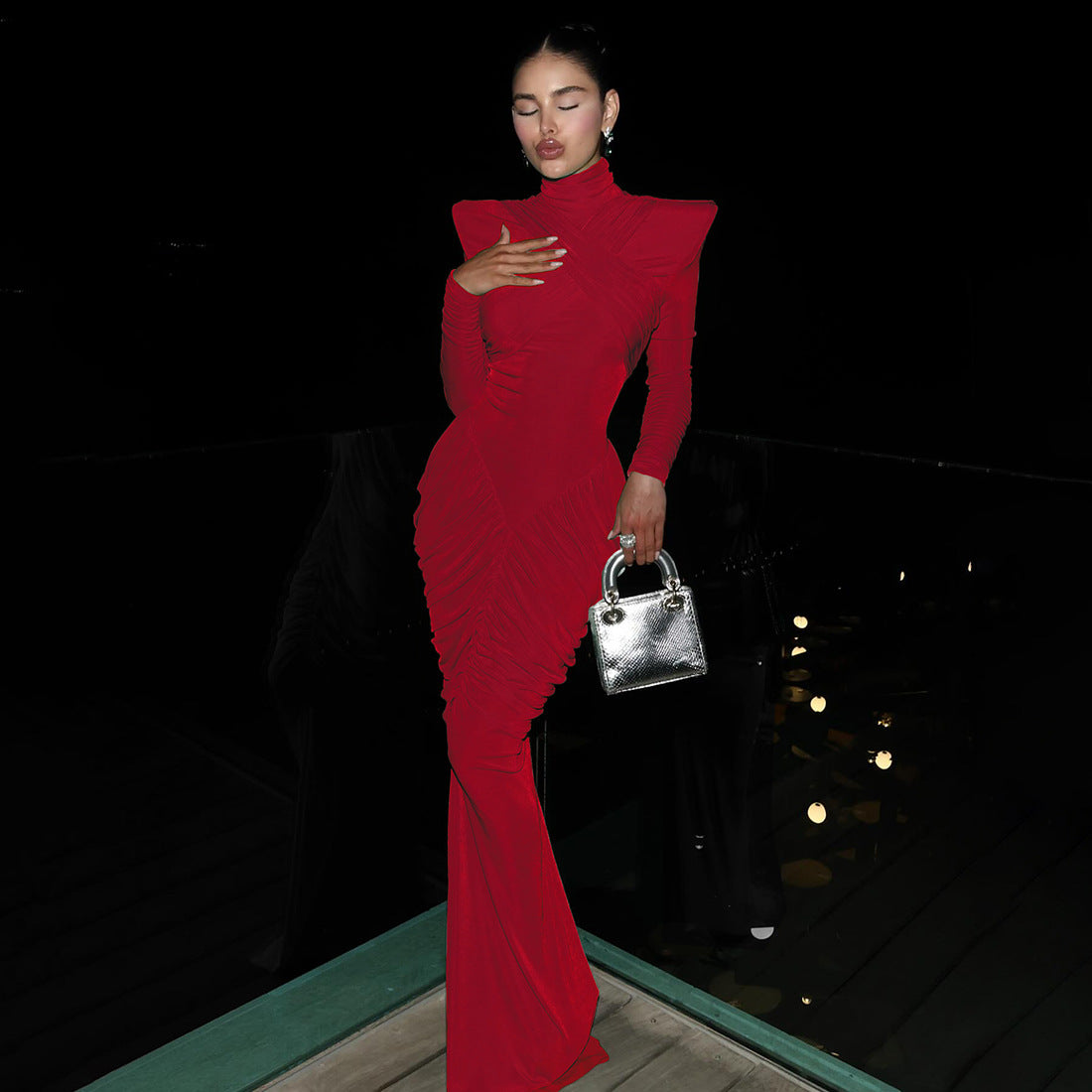 European and American  2025 autumn women's clothing new temperament solid color turtleneck backless splicing pleated thin dress