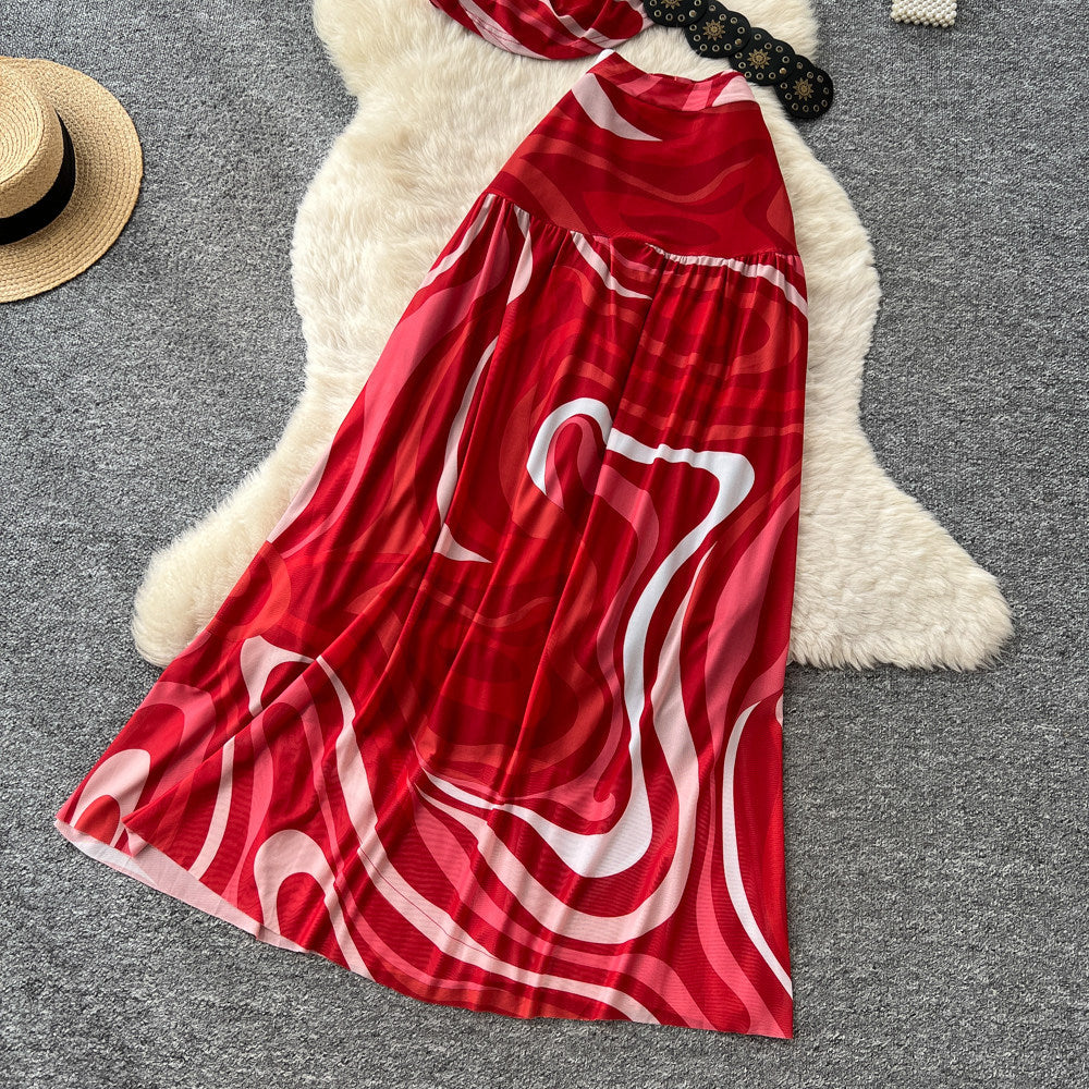 Pure desire wind red printingelegant age reduction two-piece set women's summer slim slimming look vacation style suit outfit