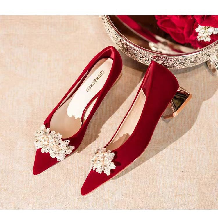 Red velvet wedding shoes bridal shoes low heel square heel pointed toe flats