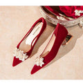 Red velvet wedding shoes bridal shoes low heel square heel pointed toe flats
