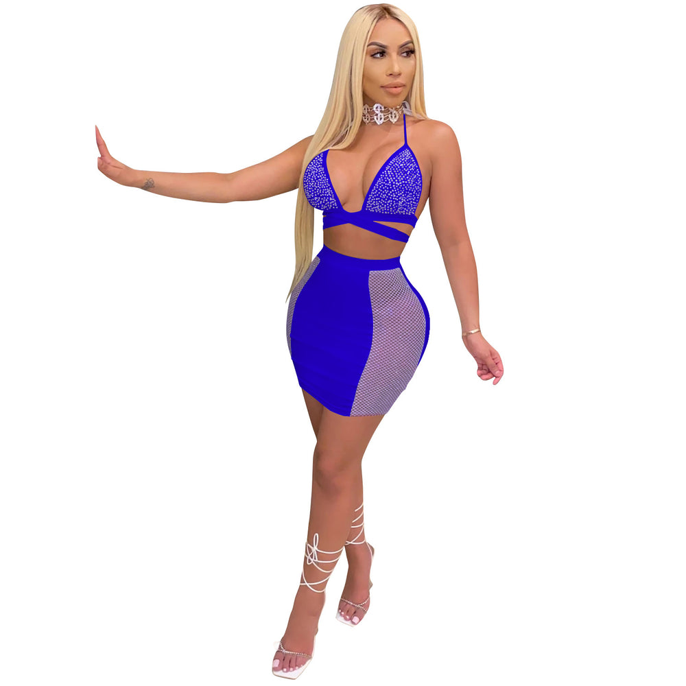 C3645 cross-border new product   fashion european and american nightclub skirt hot diamond cross strap backless two-piece set