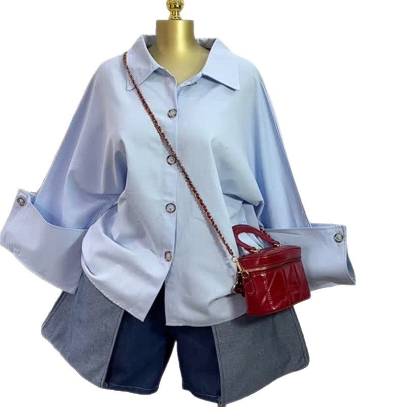 European and american cross-border women's fashion:  summer new arrival - stylish, high-end, collared, loose-fit, blue long-sleeve shirt top
