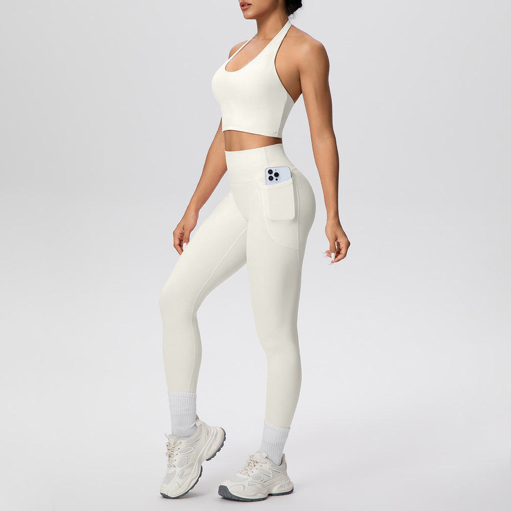 New women's solid color brushed halter tank top and pocket pants yoga set - two-piece activewear for running and fitness