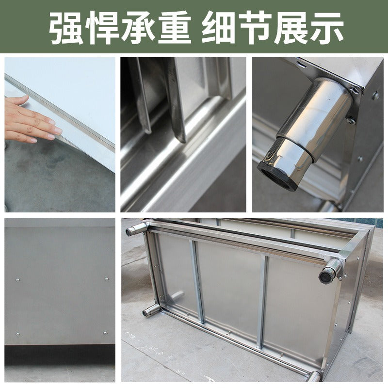 Commercial kitchen workstation: stainless steel countertop with sliding door, cutting board storage, and prep table for restaurants
