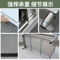 Commercial kitchen workstation: stainless steel countertop with sliding door, cutting board storage, and prep table for restaurants