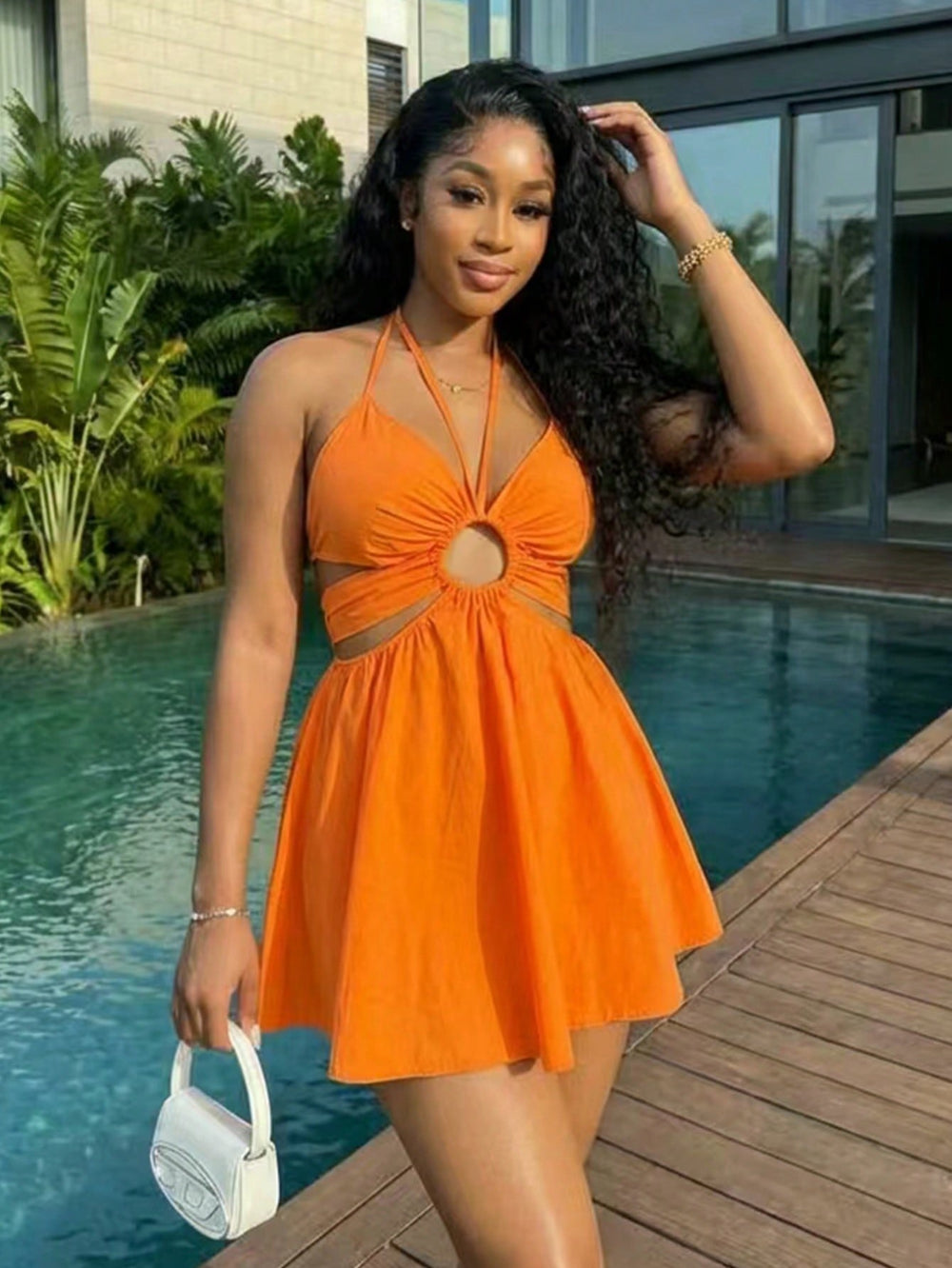 European and american style beach vacation dress - sexy backless halter sundress - solid color fashion