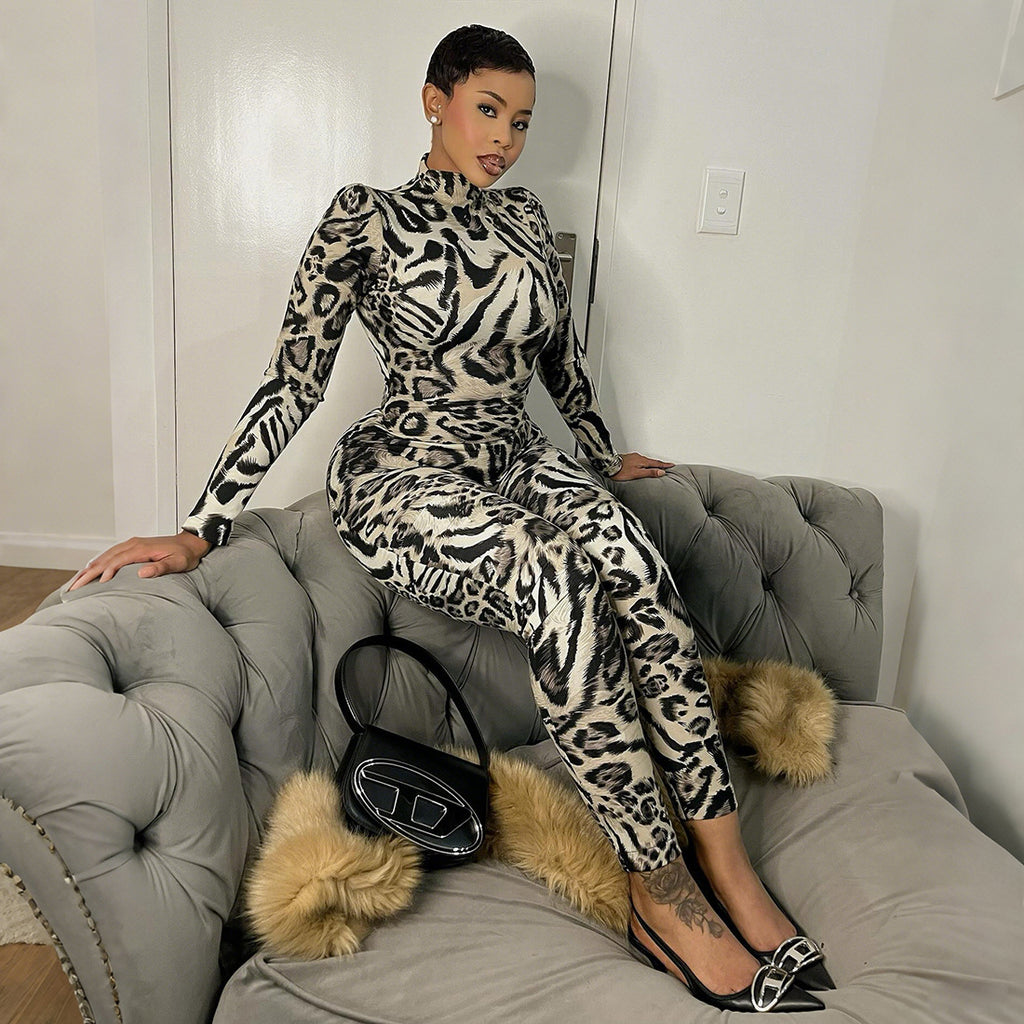 Europe and the United States  2025 autumn new women's fashion leopard print semi-turtleneck sexy tight Spice girl jumpsuit