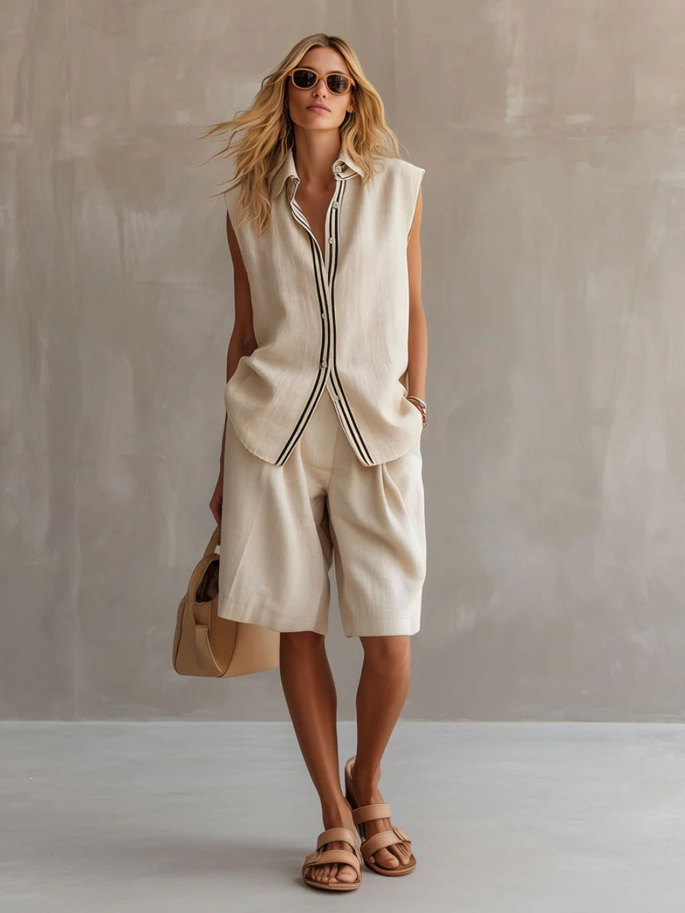 european and american cross-border summer casual fashion women's single-breasted sleeveless linen blazer and pants set