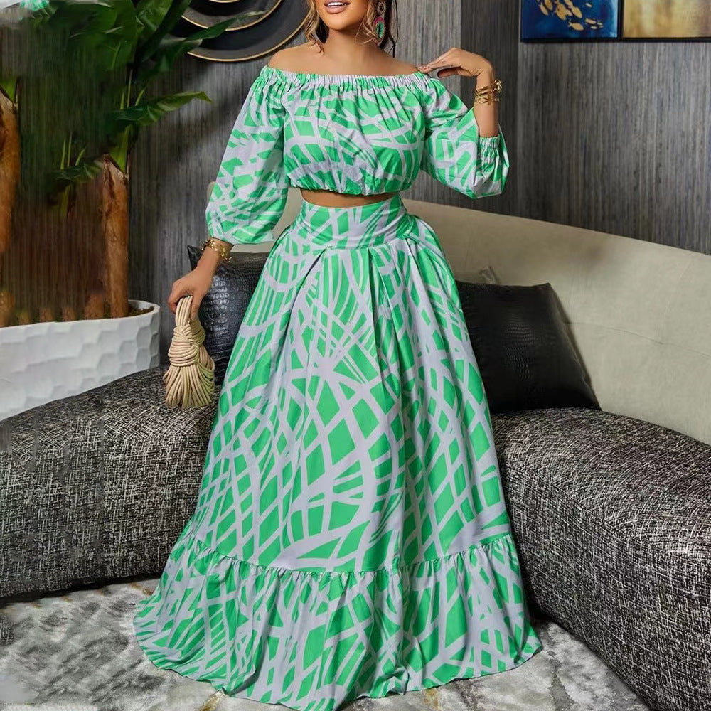 2025 spring amazon plus size women's elegant printed midi skirt fashion set