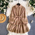 French court style lace embroidered hollow-out dress - women's spring long sleeve turn-down collar tie-waist a-line slimming dress