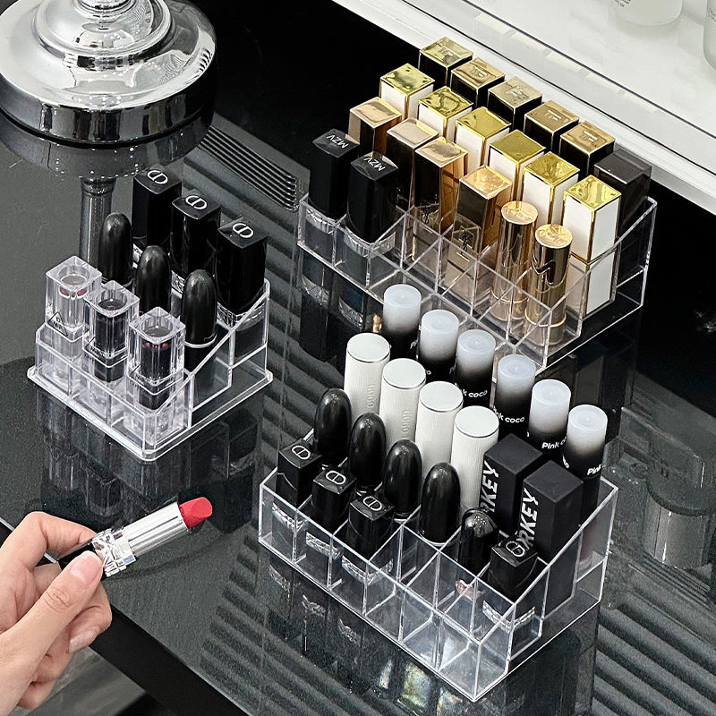 Lipstick organizer display case - multi-compartment storage shelf - trendy, girly, transparent design - home cosmetics organizer