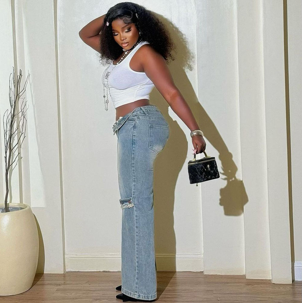 European and american style straight-leg jeans - new fashionable hot girl vintage distressed casual pants for  cross-border e-commerce