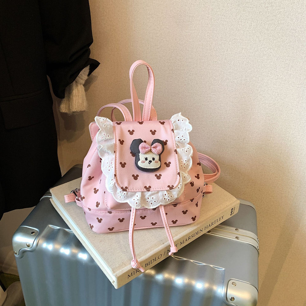 Sweet and cute fashion flip-top backpack for female students, new autumn and winter lace schoolbag, cartoon girl backpack