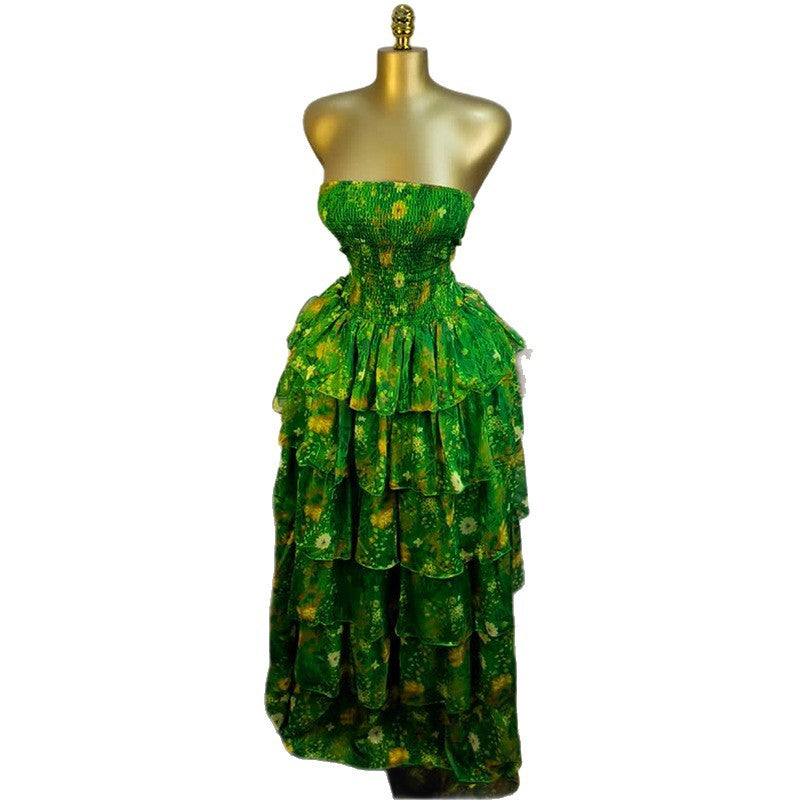 European and american cross-border women's fashion:  summer new arrival - elegant bandeau dress with floral print, ruched detailing, and ruffle hem