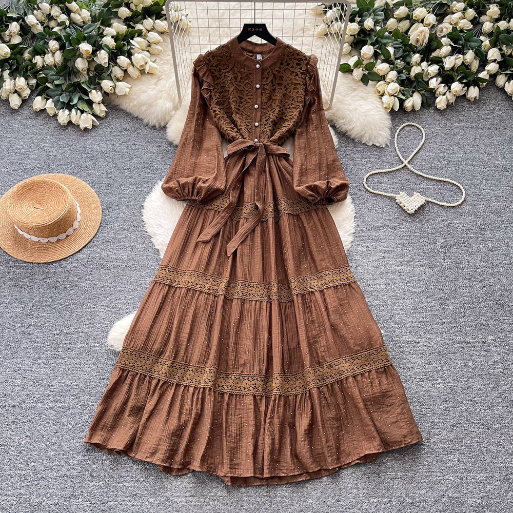 Frenchretro style lacepatchworkdress women's spring long k-style sleeve waist a-line skirt elegant over-the-knee long skirt