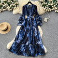 French printing women's long sleevesstereo flower v neck waist dress slimming look holiday style long skirtelegant