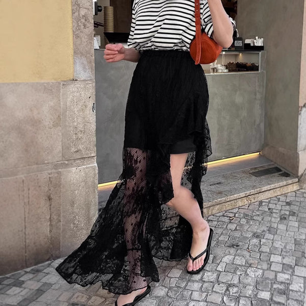 French design sense splicing black lace skirt women's summer ins retro mopping dress stacked through fart curtain