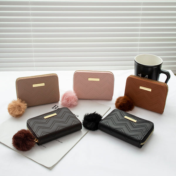 Trend wave embroidery female wallet female a wallet short hairball change bag card bag  wholesale