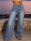 Fashionjeans women's light blue washed full-width fine glitter hot pink gradient high waist wide-leg mop denim pants