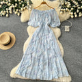 K-style floral dress for women, summer v neck, short-sleeved waist, a-line long skirt, holiday style elegant skirt