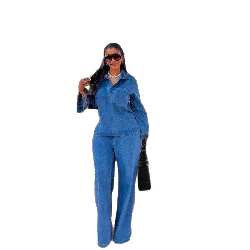 Aliexpress  cross-border new european and american style denim fashion casual elegant long-sleeved denim set